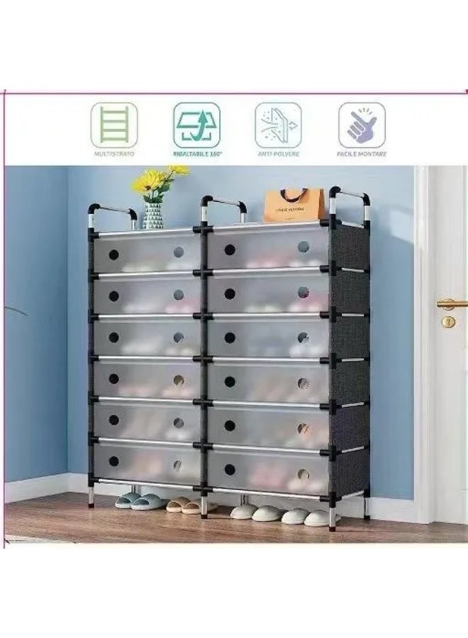 Wide shoe organizer for income, 6-tier tall shoe rack with non-woven fabric cover, holds 20-22 pairs, freestanding storage unit with dustproof cover, magnetic door, sporty frame - transparent - Image 3